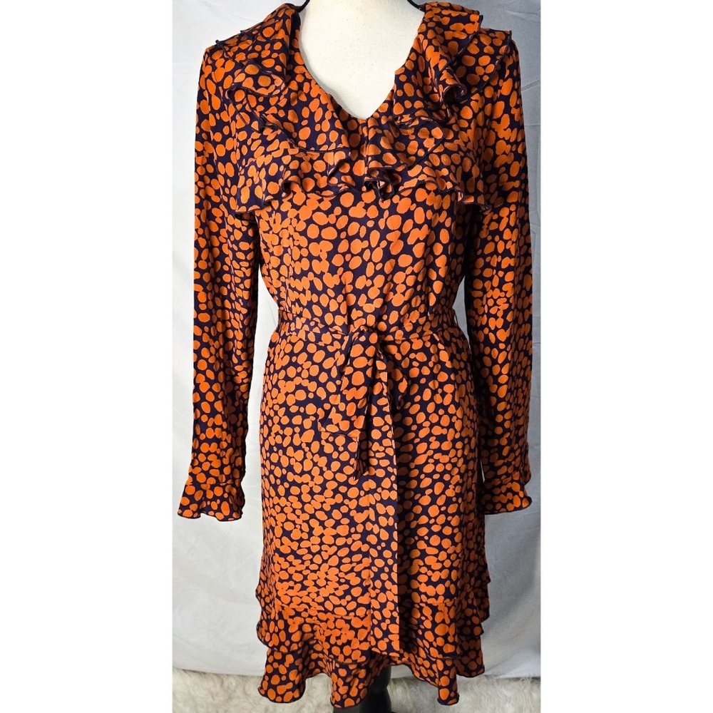 Anine Bing Silk Paloma Dress Polka Dot Ruffle Long Sleeve Orange Blue